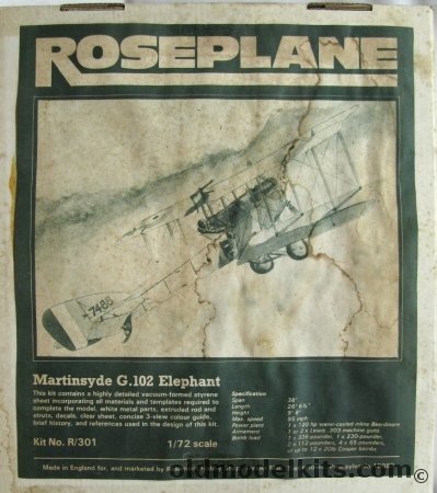 Roseplane 1/72 Martinsyde G.102 Elephant (G-102), R301 plastic model kit